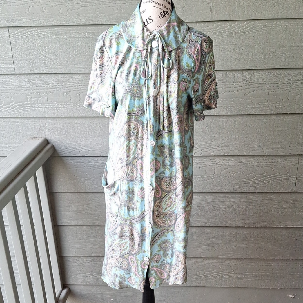 Vintage 60s Mode O'Day Styled In California Paisley House Dress Size M Blue Pink